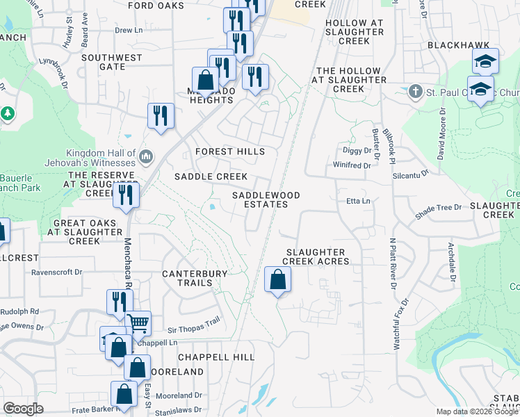 map of restaurants, bars, coffee shops, grocery stores, and more near 10600 Garbacz Drive in Austin