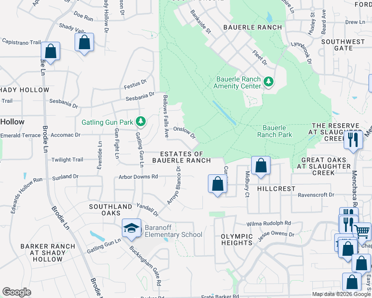 map of restaurants, bars, coffee shops, grocery stores, and more near 2805 Alsatia Drive in Austin