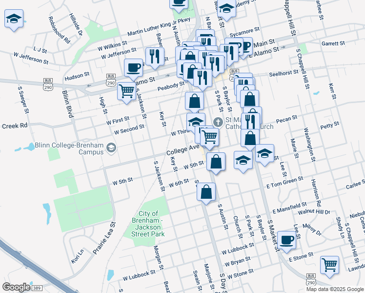 map of restaurants, bars, coffee shops, grocery stores, and more near 806 South Day Street in Brenham