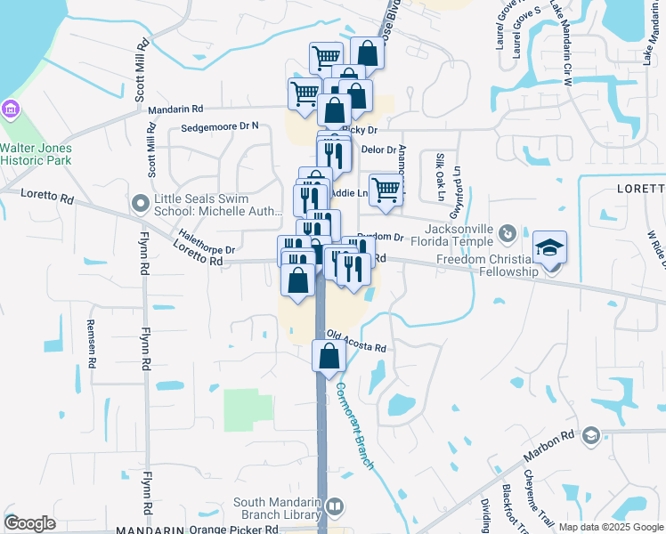 map of restaurants, bars, coffee shops, grocery stores, and more near 11683 San Jose Boulevard in Jacksonville