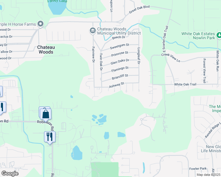 map of restaurants, bars, coffee shops, grocery stores, and more near 10900 Oriole Place in Conroe