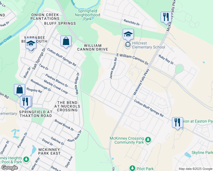 map of restaurants, bars, coffee shops, grocery stores, and more near 7517 Knockfin Drive in Austin