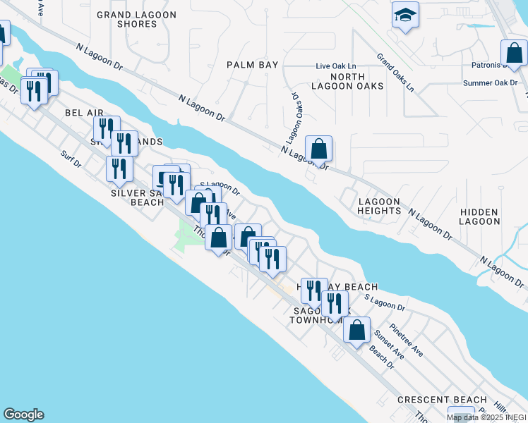 map of restaurants, bars, coffee shops, grocery stores, and more near 7205 South Lagoon Drive in Panama City Beach