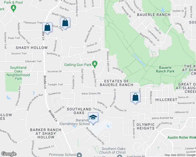 map of restaurants, bars, coffee shops, grocery stores, and more near 2912 Shotgun Lane in Austin