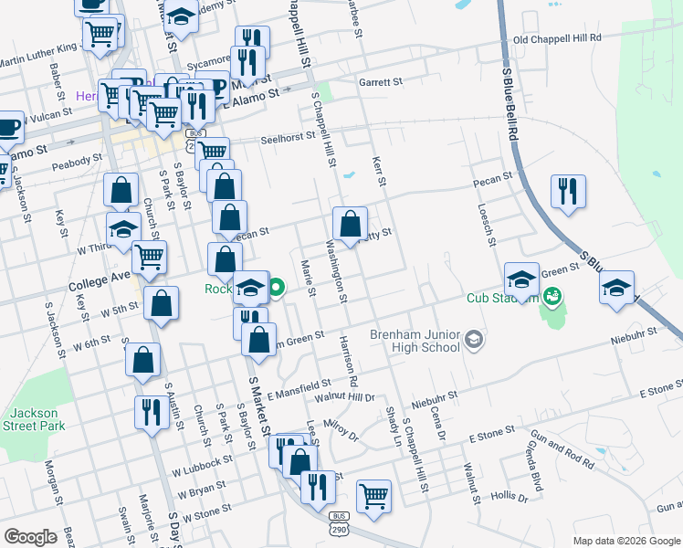 map of restaurants, bars, coffee shops, grocery stores, and more near 805 East 6th Street in Brenham