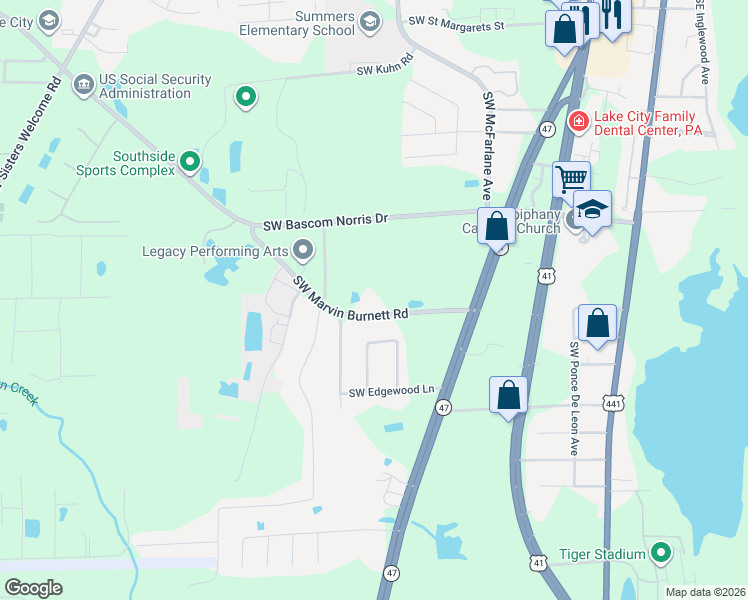 map of restaurants, bars, coffee shops, grocery stores, and more near 871-878 Southwest Marvin Burnett Road in Lake City