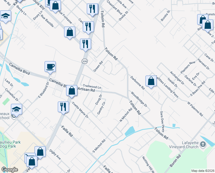 map of restaurants, bars, coffee shops, grocery stores, and more near 319 Timberwood Circle in Lafayette