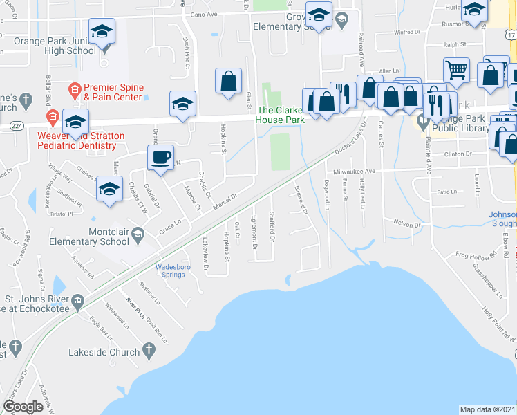 map of restaurants, bars, coffee shops, grocery stores, and more near 2301 Egremont Drive in Orange Park