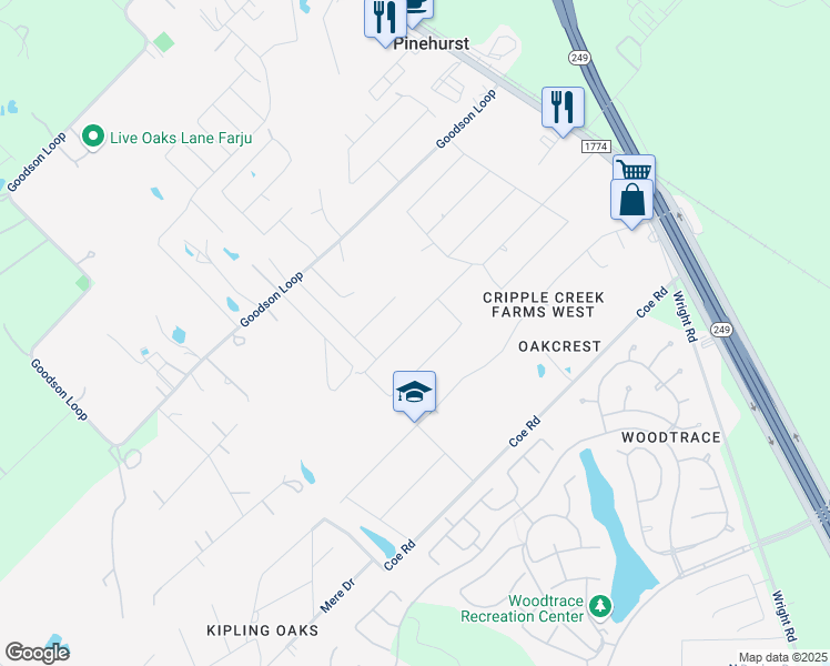 map of restaurants, bars, coffee shops, grocery stores, and more near 623 Oak Valley Lane in Pinehurst