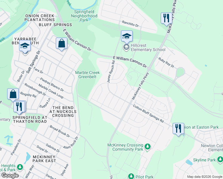 map of restaurants, bars, coffee shops, grocery stores, and more near 7432 Groundhog Way in Austin