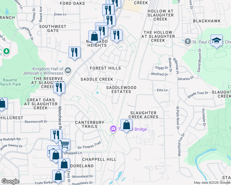 map of restaurants, bars, coffee shops, grocery stores, and more near 10631 Marshitahs Way in Austin