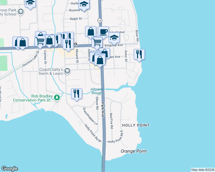 map of restaurants, bars, coffee shops, grocery stores, and more near 2301 Park Avenue in Orange Park