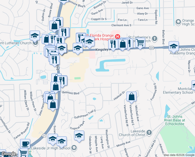 map of restaurants, bars, coffee shops, grocery stores, and more near 2299 Foxwood Drive in Orange Park
