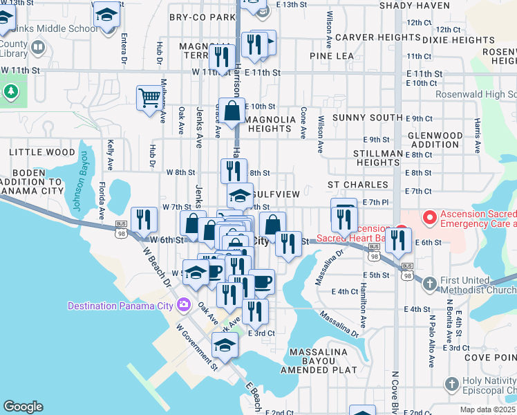 map of restaurants, bars, coffee shops, grocery stores, and more near 699 Magnolia Avenue in Panama City