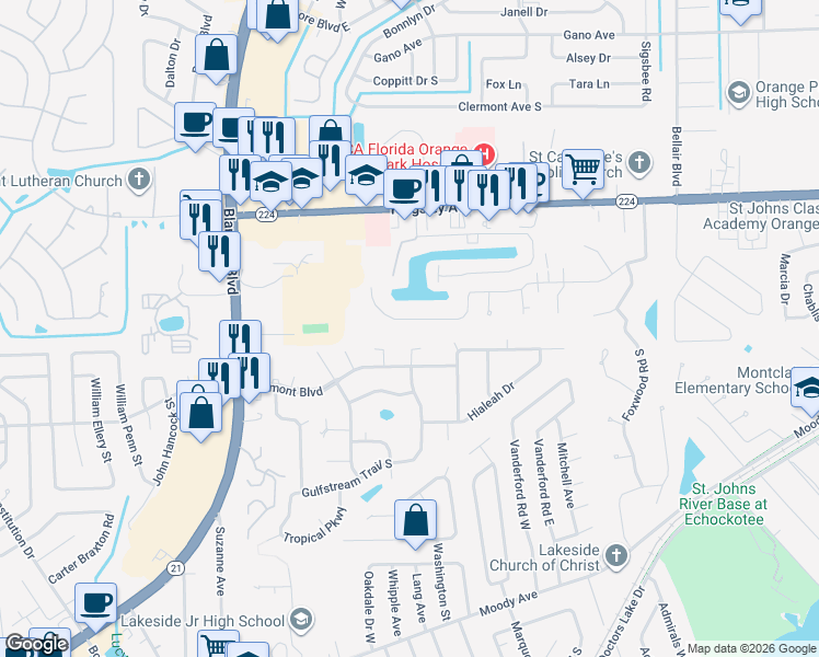map of restaurants, bars, coffee shops, grocery stores, and more near 2299 Foxwood Drive in Orange Park