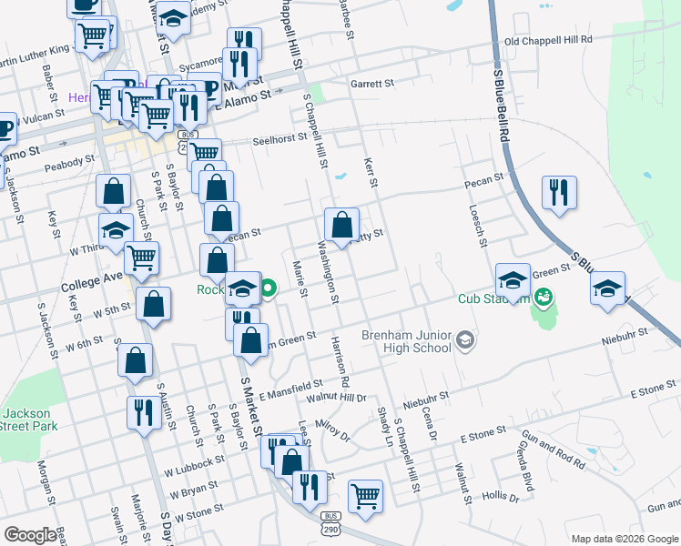 map of restaurants, bars, coffee shops, grocery stores, and more near 805 East 6th Street in Brenham