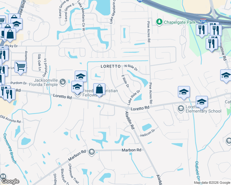 map of restaurants, bars, coffee shops, grocery stores, and more near 11618 West Ride Drive in Jacksonville