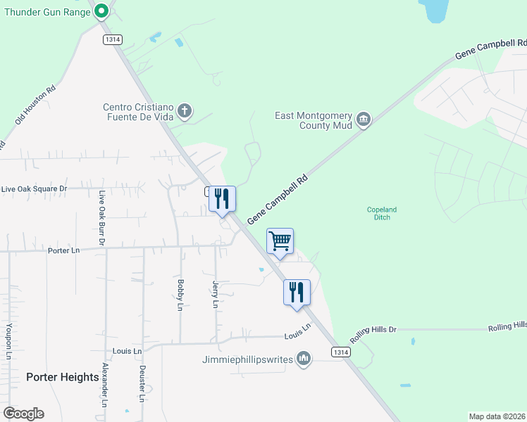 map of restaurants, bars, coffee shops, grocery stores, and more near 20155 Gene Campbell Road in New Caney