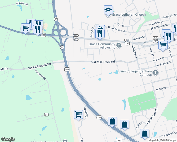 map of restaurants, bars, coffee shops, grocery stores, and more near 1701 Twin Oaks Circle in Brenham
