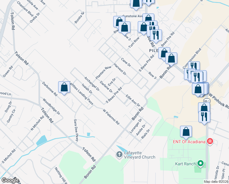 map of restaurants, bars, coffee shops, grocery stores, and more near 200 Darlene Drive in Lafayette