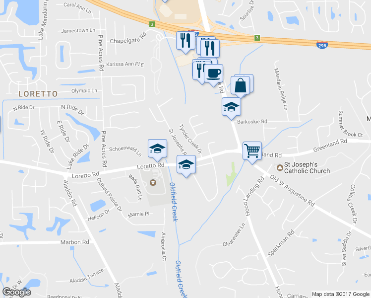 map of restaurants, bars, coffee shops, grocery stores, and more near 11719 Saint Josephs Road in Jacksonville