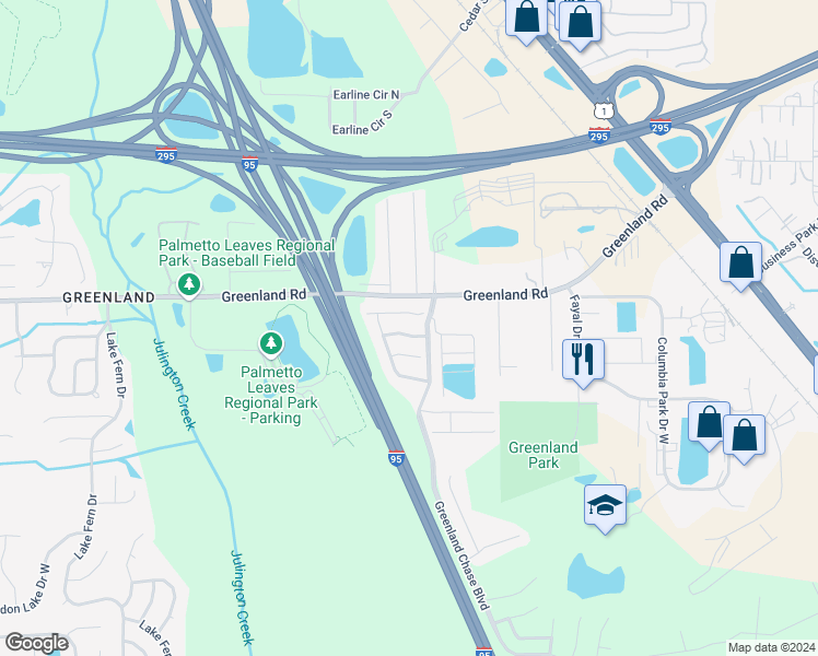 map of restaurants, bars, coffee shops, grocery stores, and more near 6177 Casterbridge Road in Jacksonville