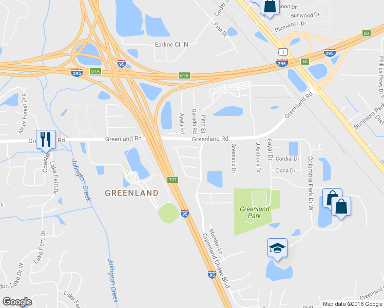 map of restaurants, bars, coffee shops, grocery stores, and more near 6183 Casterbridge Road in Jacksonville