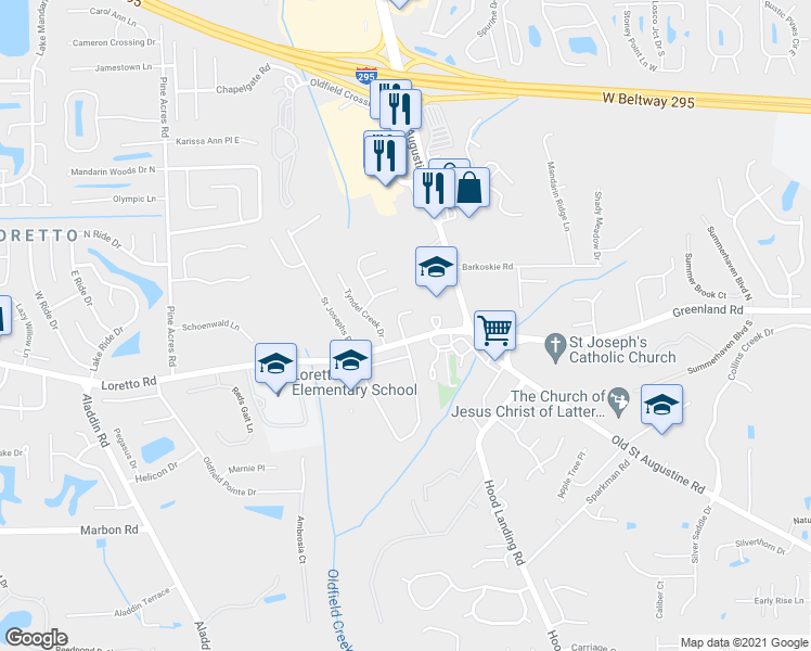 map of restaurants, bars, coffee shops, grocery stores, and more near 4065 Loretto Road in Jacksonville