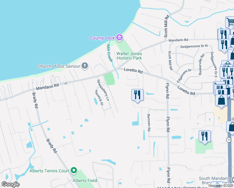 map of restaurants, bars, coffee shops, grocery stores, and more near 11675 Magnolia Estates Road in Jacksonville