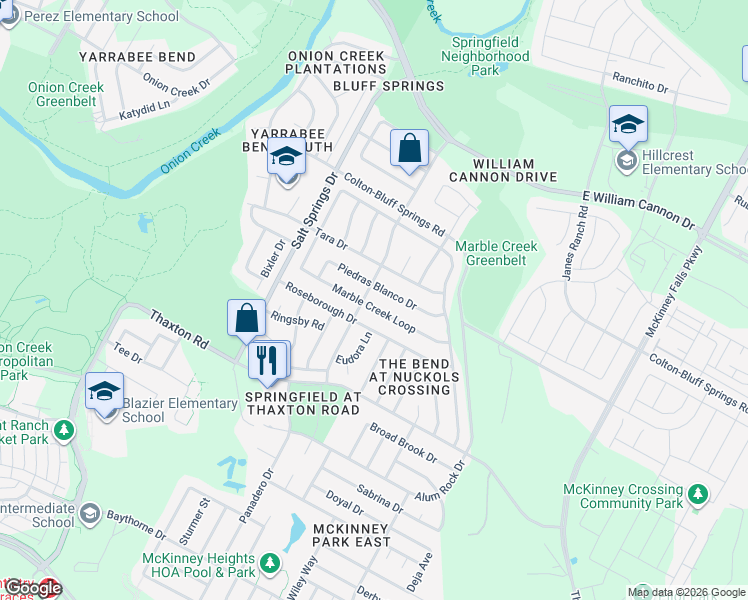 map of restaurants, bars, coffee shops, grocery stores, and more near 6608 Marble Creek Loop in Austin