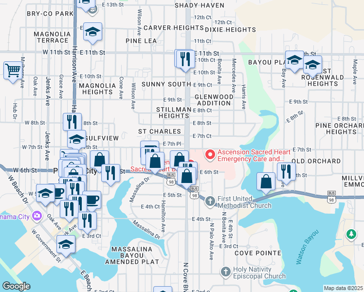 map of restaurants, bars, coffee shops, grocery stores, and more near 633 East 7th Street in Panama City