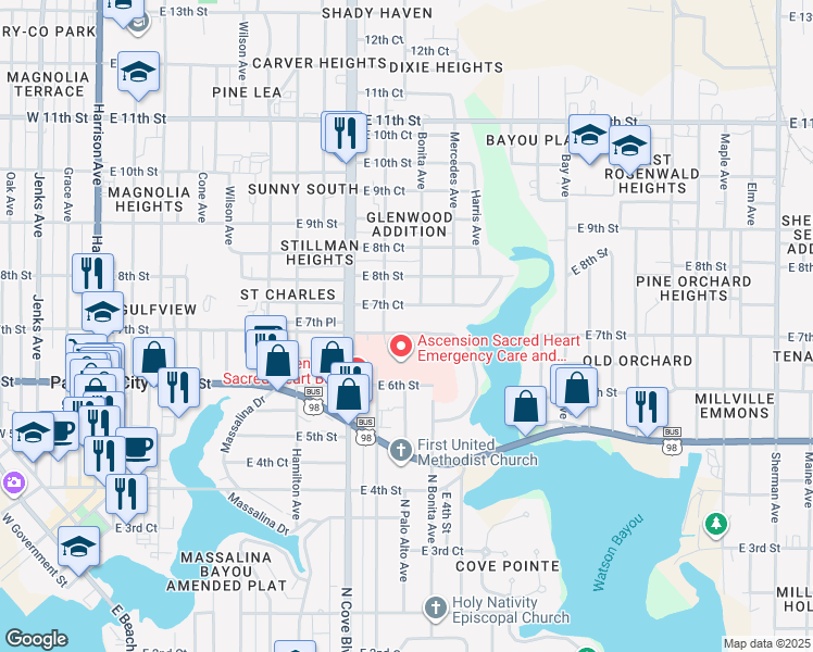 map of restaurants, bars, coffee shops, grocery stores, and more near 803 East 7th Street in Panama City