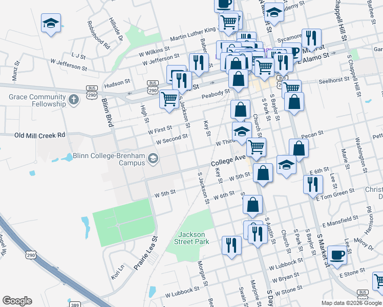 map of restaurants, bars, coffee shops, grocery stores, and more near 605 West Third Street in Brenham