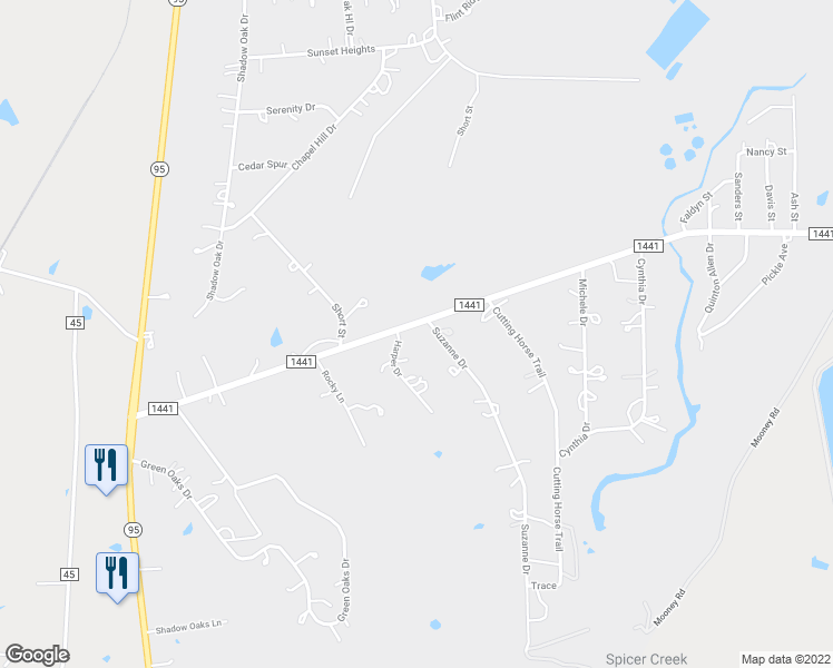 map of restaurants, bars, coffee shops, grocery stores, and more near 102 Suzanne Drive in Bastrop