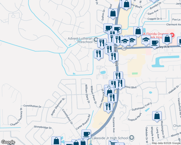map of restaurants, bars, coffee shops, grocery stores, and more near 2121 Burwick Avenue in Orange Park