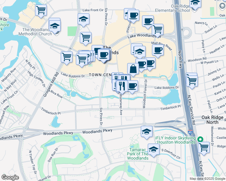 map of restaurants, bars, coffee shops, grocery stores, and more near 1605 Lake Robbins Drive in Spring