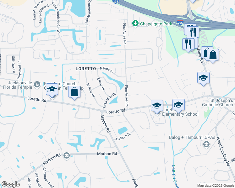 map of restaurants, bars, coffee shops, grocery stores, and more near 11659 Lake Ride Drive in Jacksonville