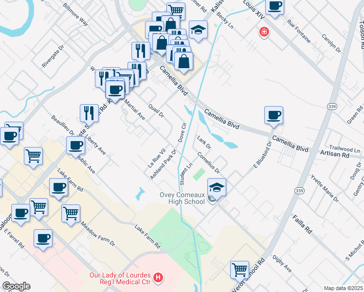 map of restaurants, bars, coffee shops, grocery stores, and more near 141 Dove Circle in Lafayette
