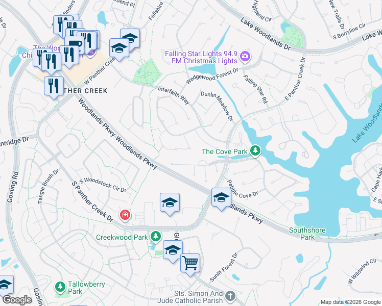 map of restaurants, bars, coffee shops, grocery stores, and more near 14 Rosedale Brook Court in Spring