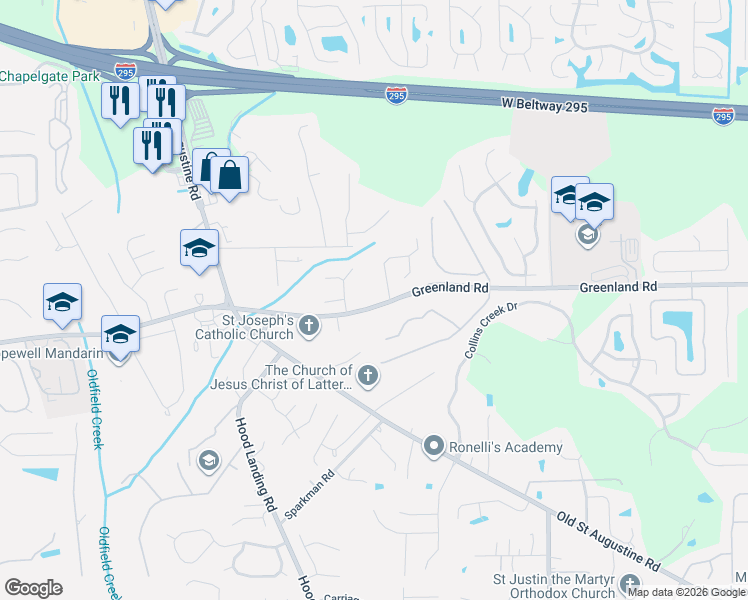 map of restaurants, bars, coffee shops, grocery stores, and more near 11677 Falling Leaf Trail in Jacksonville