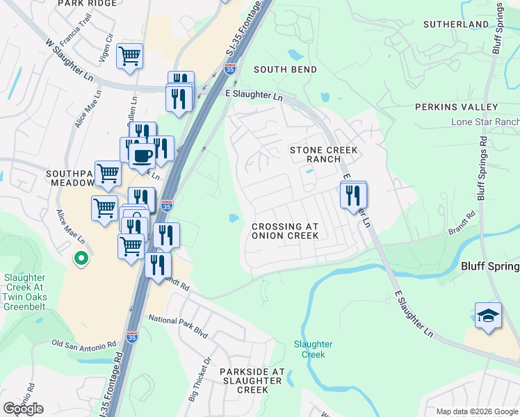 map of restaurants, bars, coffee shops, grocery stores, and more near 1507 Melissa Oaks Lane in Austin