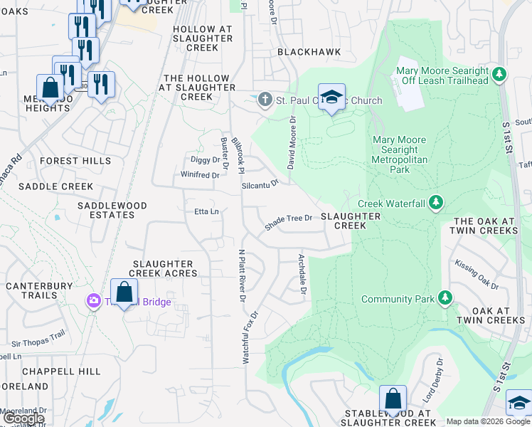 map of restaurants, bars, coffee shops, grocery stores, and more near 734 Shade Tree Drive in Austin