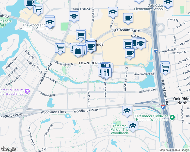 map of restaurants, bars, coffee shops, grocery stores, and more near 1601 Lake Robbins Drive in Spring
