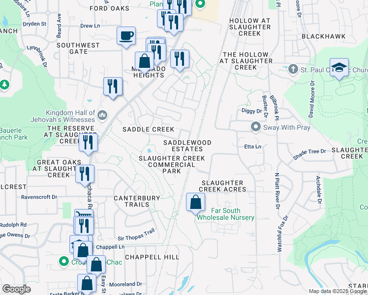 map of restaurants, bars, coffee shops, grocery stores, and more near 10512 Garbacz Drive in Austin
