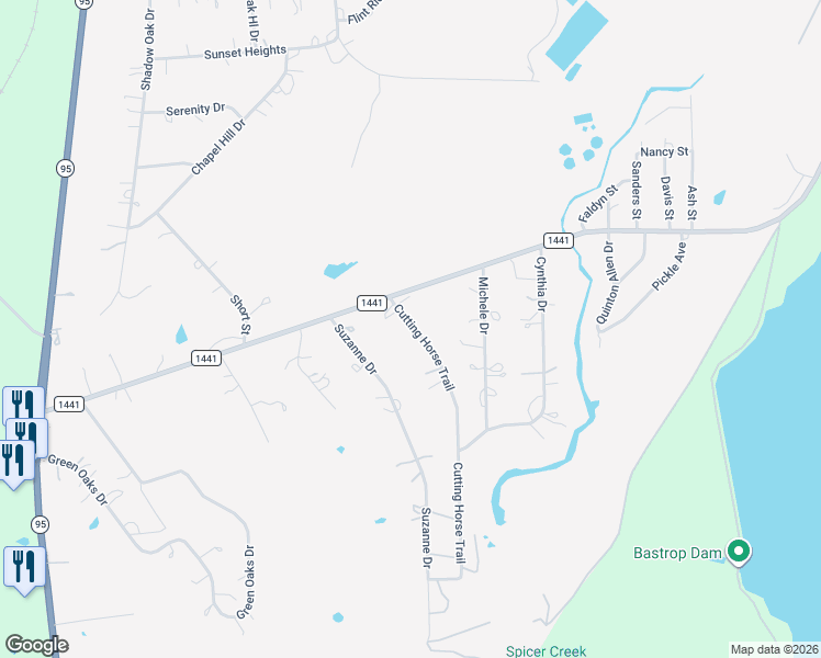 map of restaurants, bars, coffee shops, grocery stores, and more near 128 Cutting Horse Trail in Bastrop
