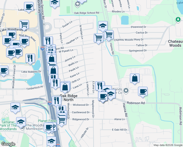 map of restaurants, bars, coffee shops, grocery stores, and more near 27266 Orth Lane in Conroe