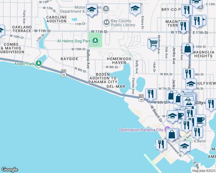 map of restaurants, bars, coffee shops, grocery stores, and more near 900 West Beach Drive in Panama City