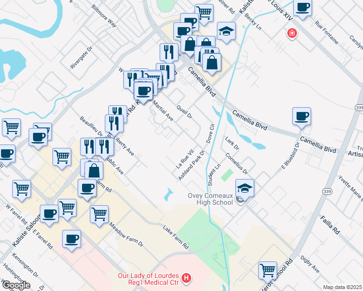 map of restaurants, bars, coffee shops, grocery stores, and more near 300 East Martial Avenue in Lafayette