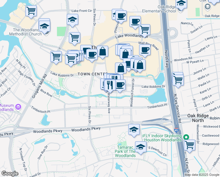 map of restaurants, bars, coffee shops, grocery stores, and more near 24 Waterway Avenue in The Woodlands