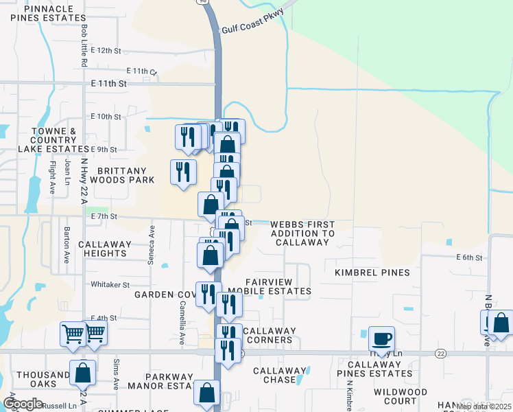 map of restaurants, bars, coffee shops, grocery stores, and more near 5784 Callaway Circle in Panama City